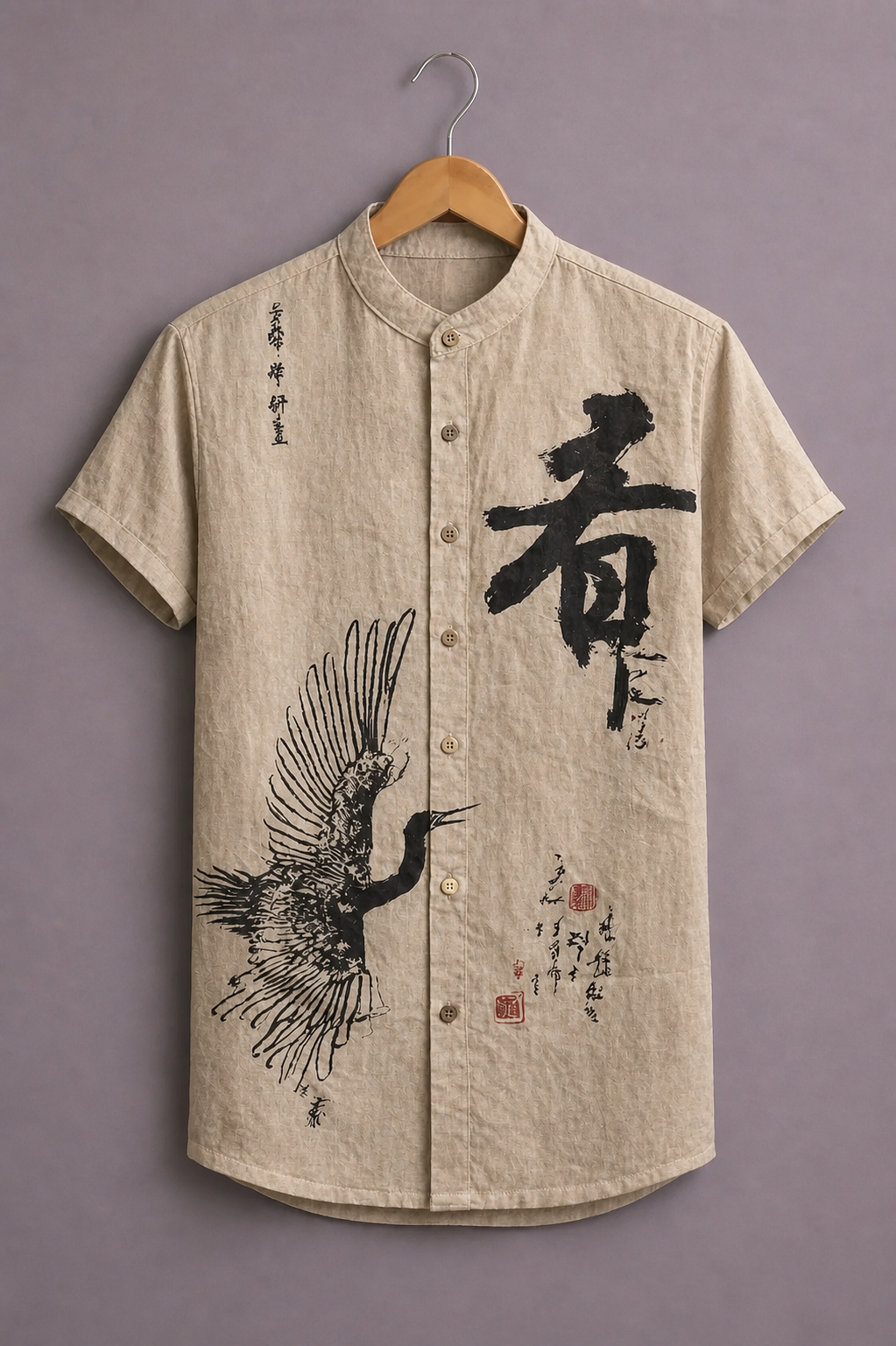 ForeverChoice™ Premium Japanese Art Printed Shirt for Men – Crane Graphic Designer Half Sleeve Casual Shirt