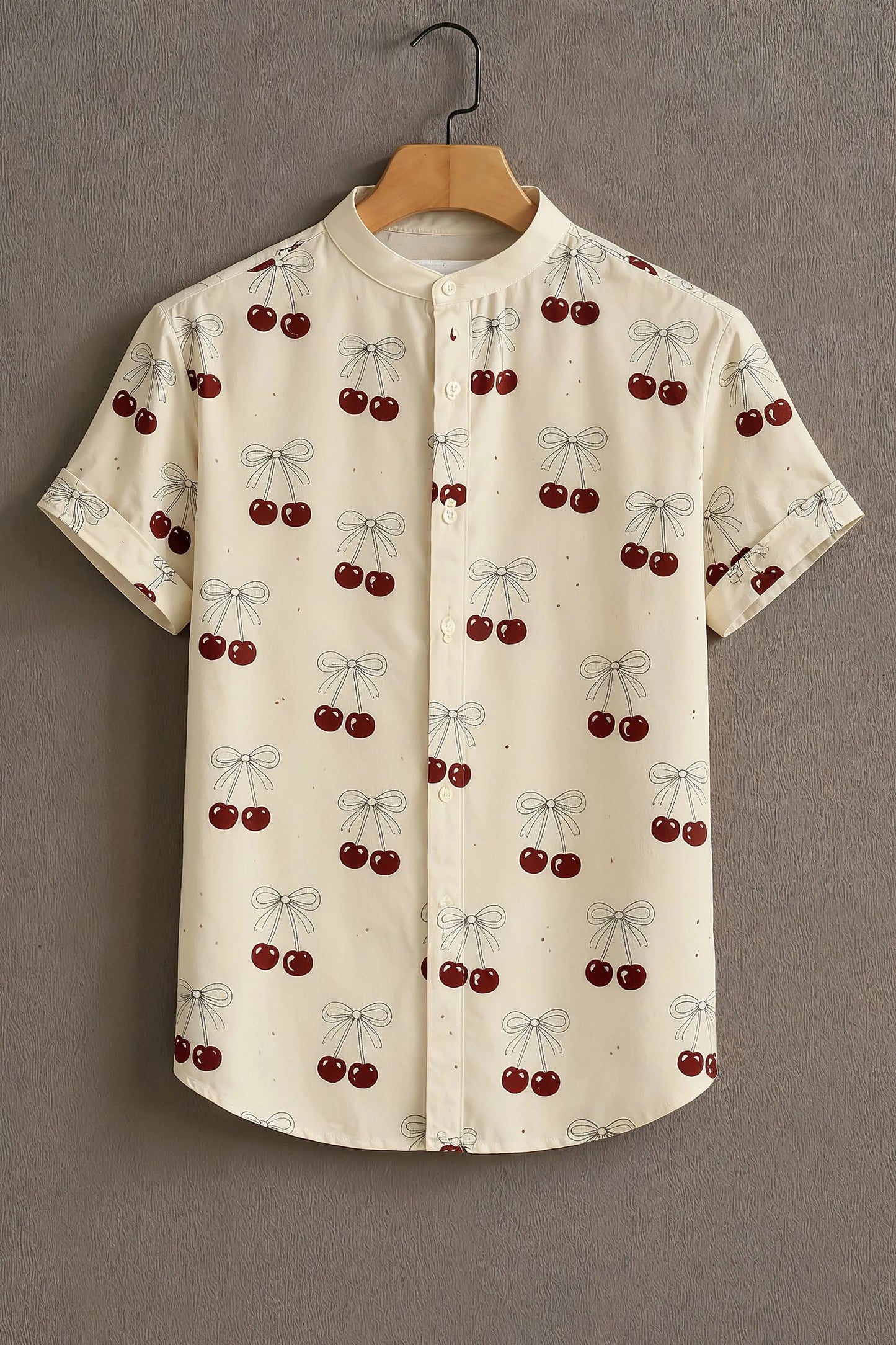 Premium Cream Cherry Printed Shirt – Stylish Casual Half Sleeve Summer Shirt
