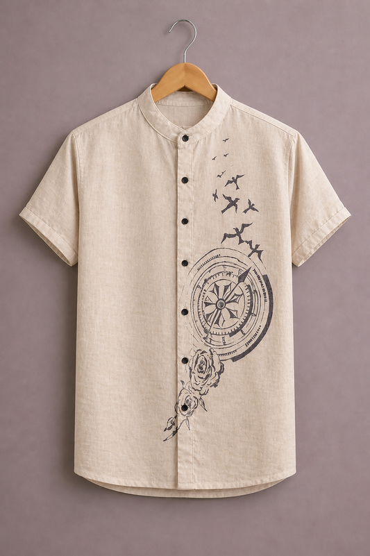 ForeverChoice™ Premium Compass Printed Shirt for Men – Minimal Travel Graphic Half Sleeve Casual Shirt