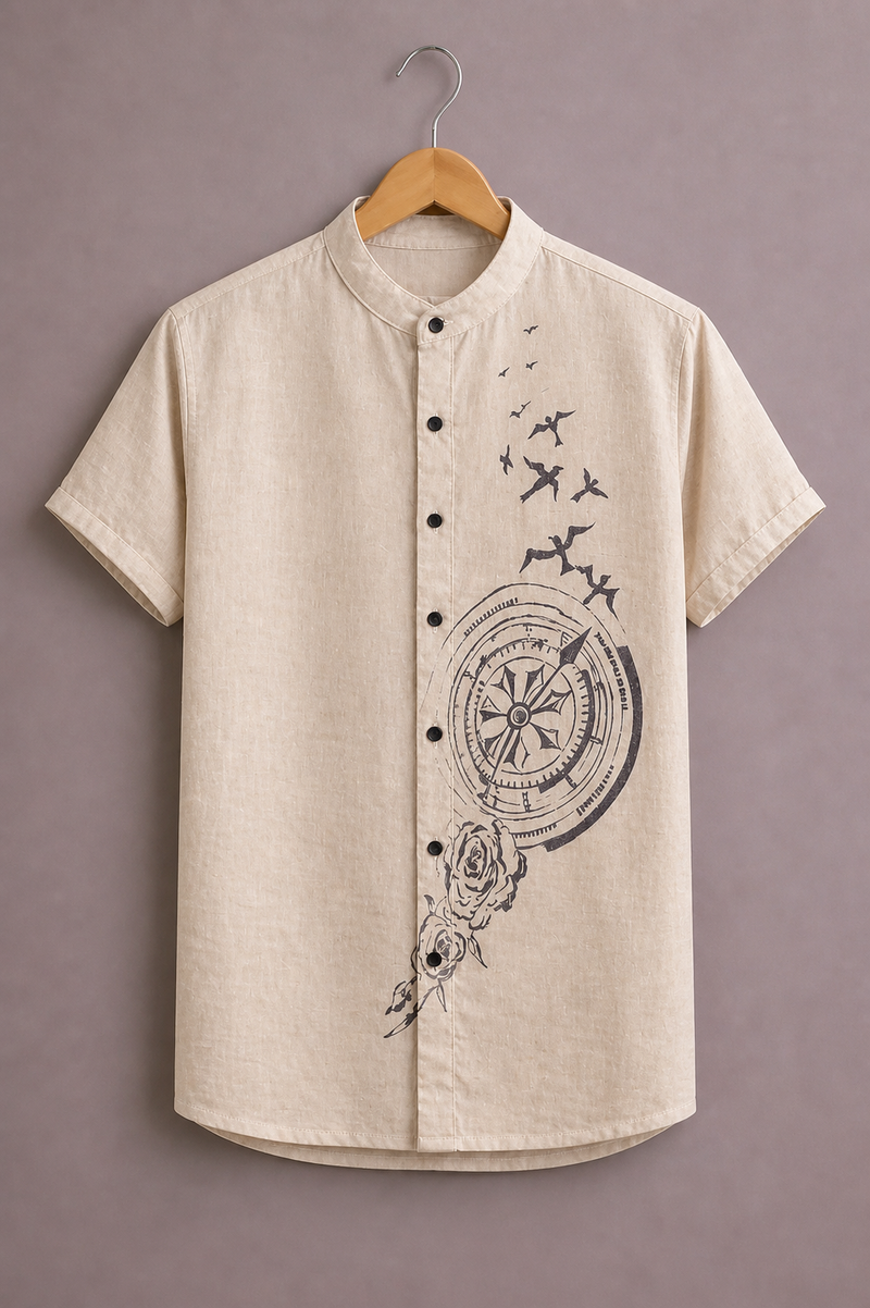 ForeverChoice™ Premium Compass Printed Shirt for Men – Minimal Travel Graphic Half Sleeve Casual Shirt