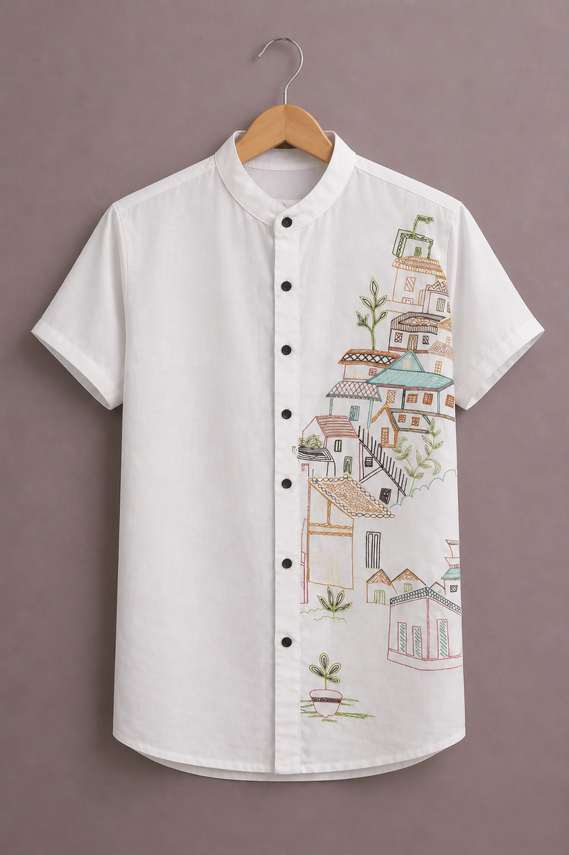 ForeverChoice™ Premium Minimal Printed White Shirt for Men – Artistic Village Design Half Sleeve Casual Shirt