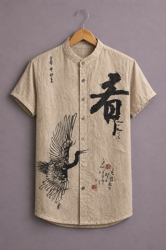 ForeverChoice™ Premium Japanese Art Printed Shirt for Men – Crane Graphic Designer Half Sleeve Casual Shirt
