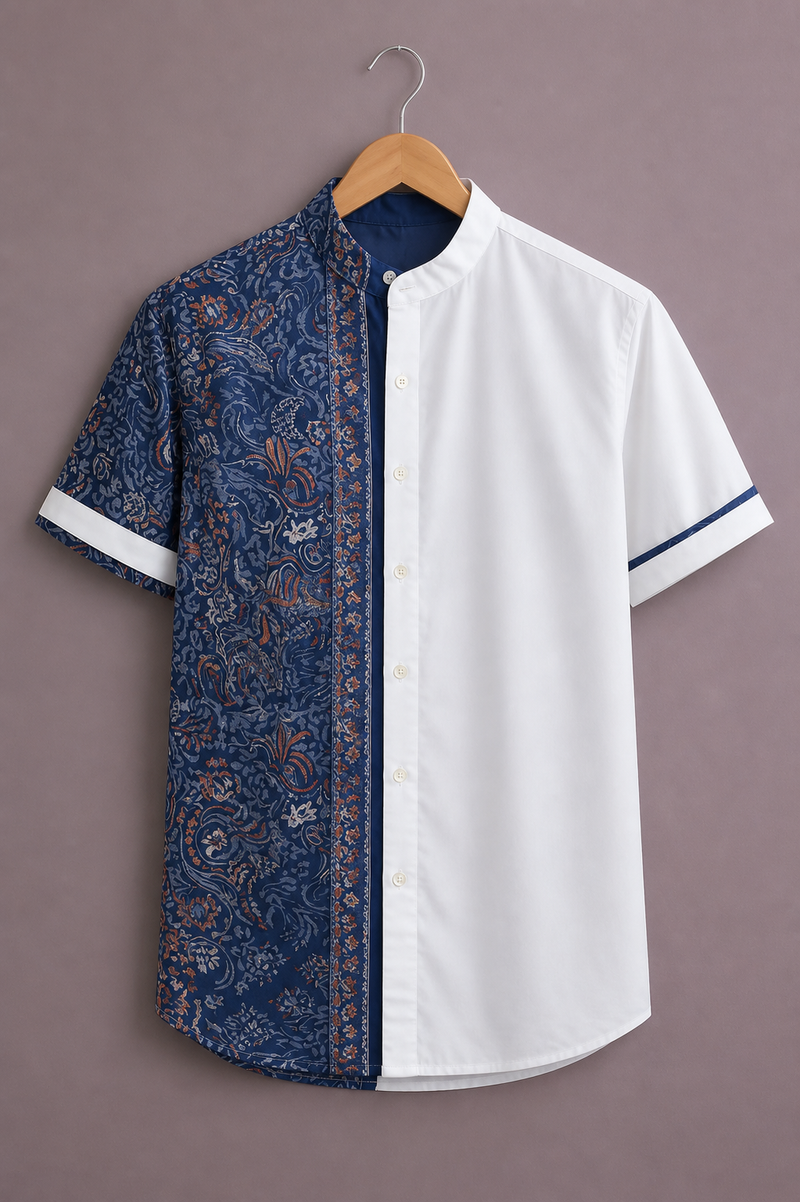 ForeverChoice™ Premium Half & Half Printed Shirt for Men – Elegant Dual Tone Designer Half Sleeve Casual Shirt