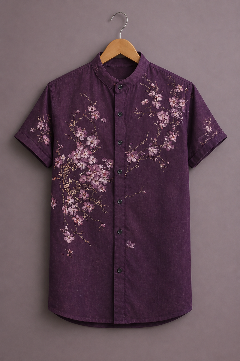 ForeverChoice™ Premium Floral Vine Printed Shirt for Men – Elegant Purple Designer Half Sleeve Casual Shirt