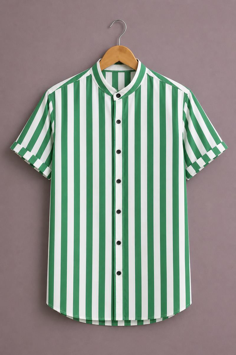ForeverChoice™ Premium Vertical Stripe Shirt for Men – Green & White Designer Half Sleeve Casual Shirt