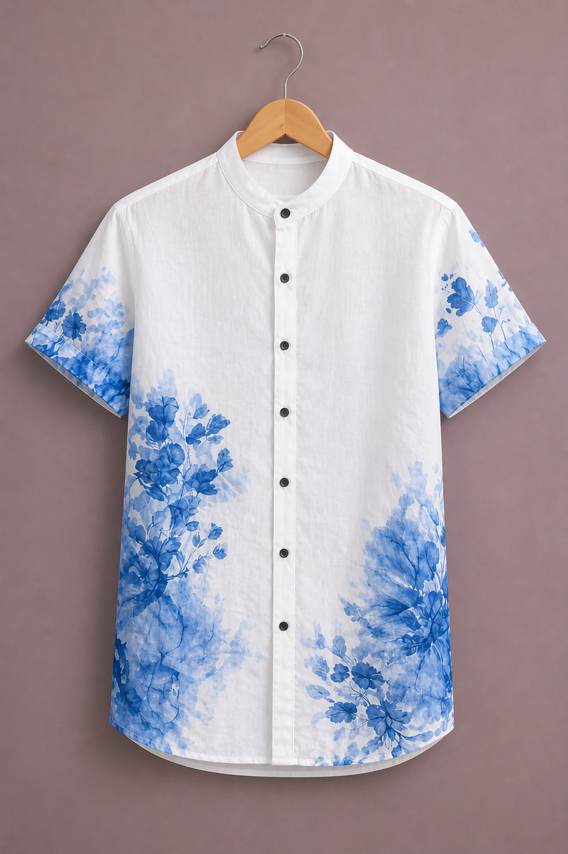 ForeverChoice™ Premium Blue Floral Fade Shirt for Men – Elegant White Designer Half Sleeve Casual Shirt