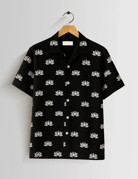 Premium Black Lotus Printed Shirt – Stylish Casual Half Sleeve Shirt for Summer Wear