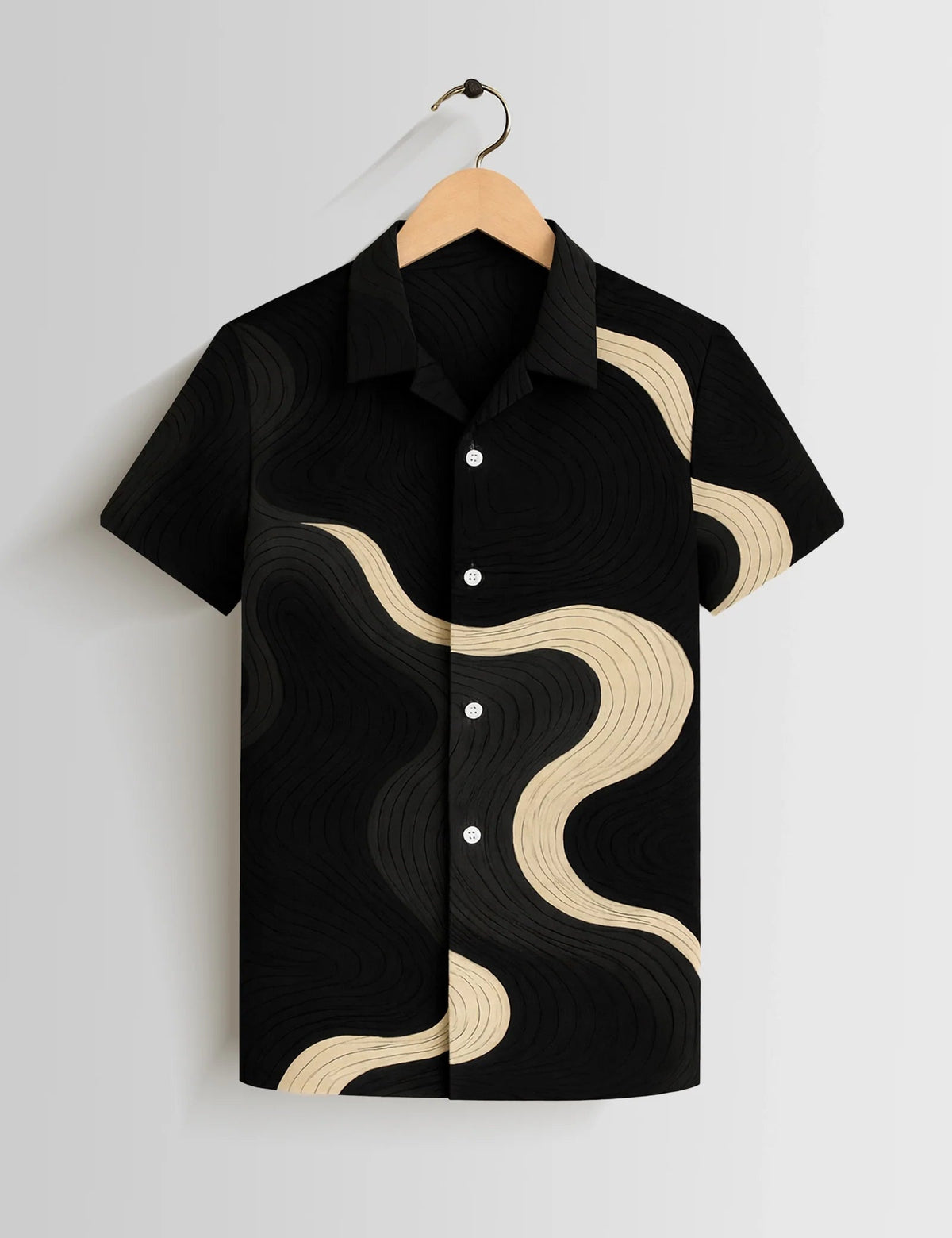 Premium Black Wavy Abstract Printed Shirt – Stylish Casual Half Sleeve Summer Shirt