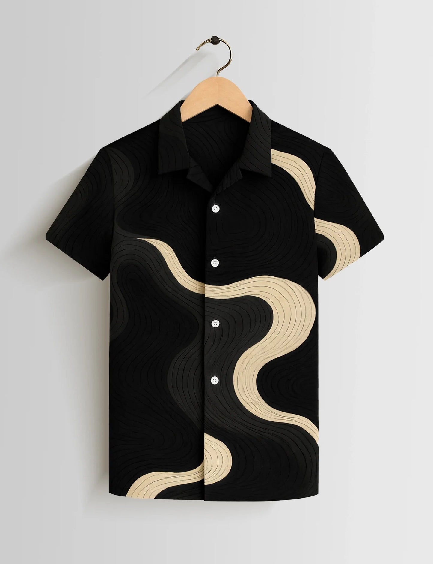 Premium Black Wavy Abstract Printed Shirt – Stylish Casual Half Sleeve Summer Shirt
