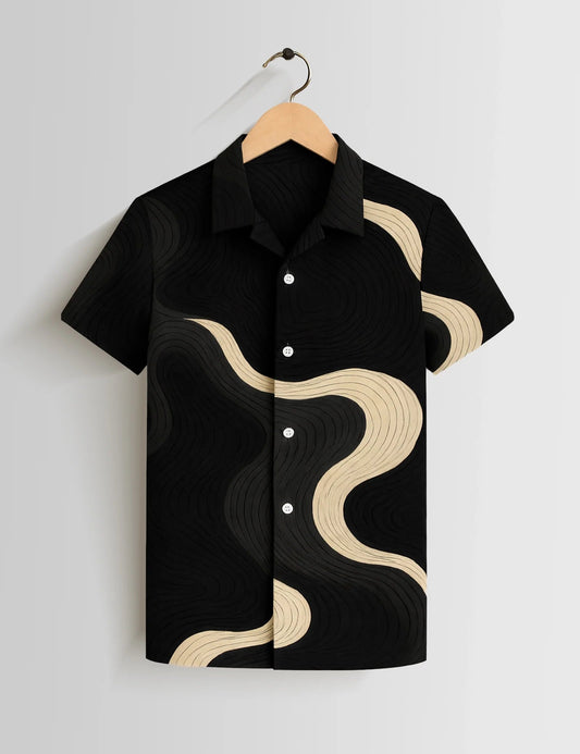 Premium Black Wavy Abstract Printed Shirt – Stylish Casual Half Sleeve Summer Shirt