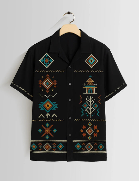 Premium Black Ethnic Geometric Printed Shirt – Stylish Casual Half Sleeve Shirt