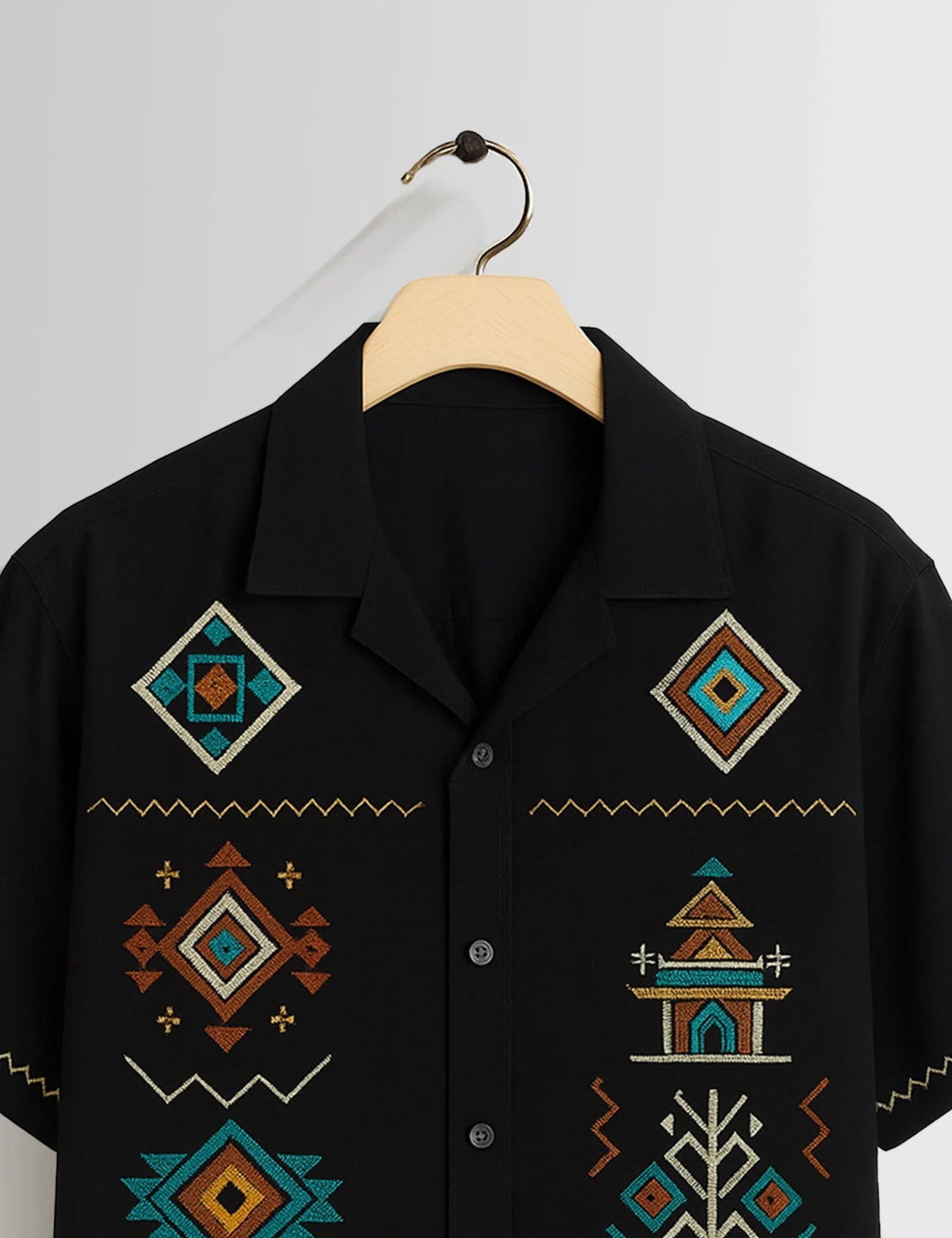 Premium Black Ethnic Geometric Printed Shirt – Stylish Casual Half Sleeve Shirt