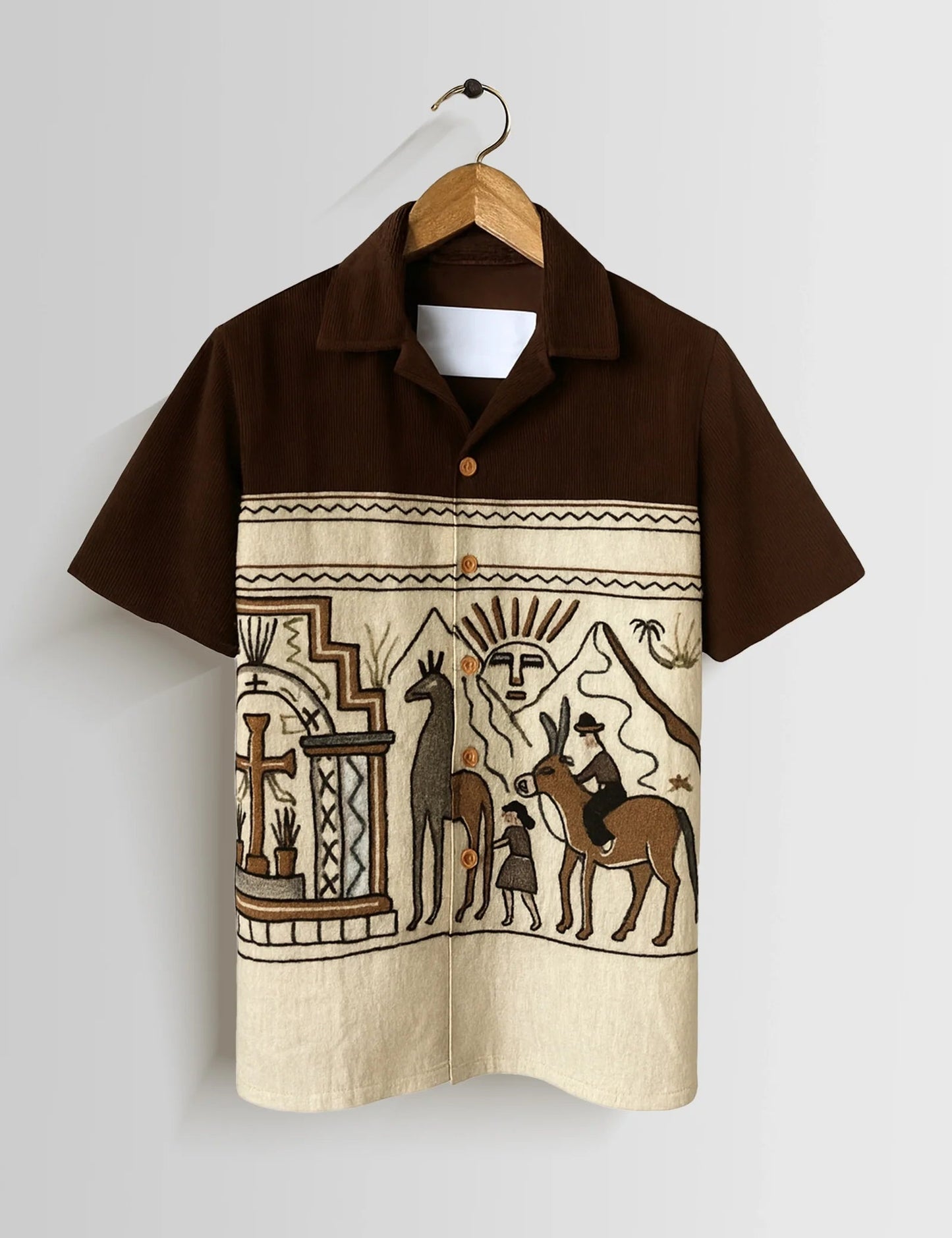 Premium Brown Cultural Art Printed Shirt – Stylish Casual Half Sleeve Shirt