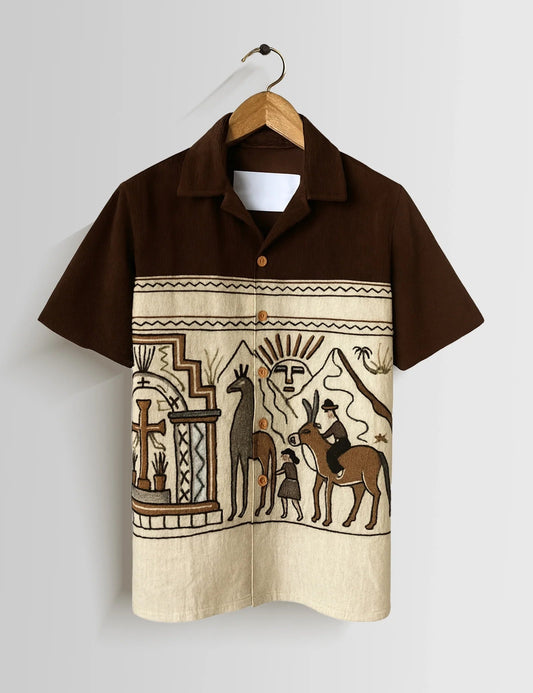 Premium Brown Cultural Art Printed Shirt – Stylish Casual Half Sleeve Shirt