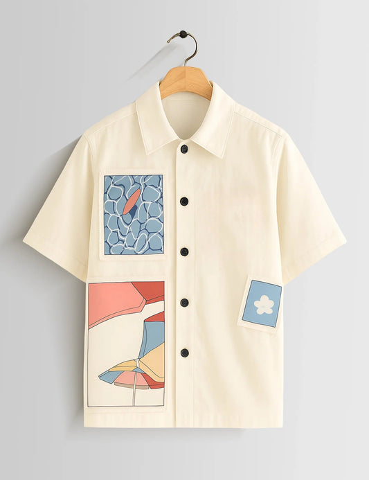 Premium Cream Patch Printed Shirt – Stylish Casual Half Sleeve Summer Shirt